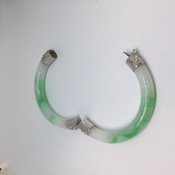 Authentic Jadeite Hinged Bangle Bracelet wtih 14K White Gold and Diamonds - Picture 4 of 8